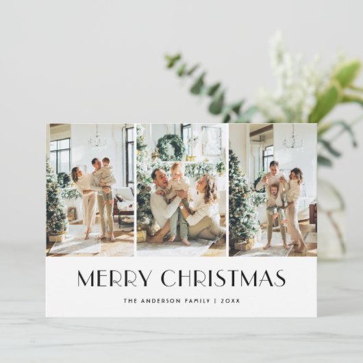 Moderne zwart-wit groen fotocollage feestdagenkaart (Staand voorkant)