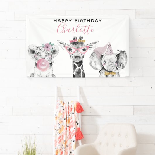 Moderne Zwart & Wit Hand getrokken Safari Verjaard Spandoek (Insitu)