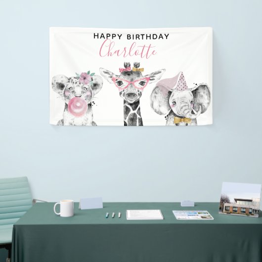 Moderne Zwart & Wit Hand getrokken Safari Verjaard Spandoek (Beurs)