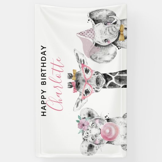 Moderne Zwart & Wit Hand getrokken Safari Verjaard Spandoek (Verticaal)