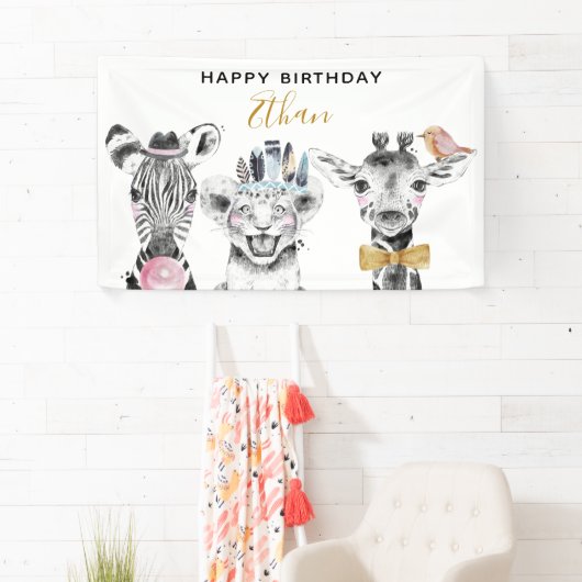 Moderne Zwart & Wit Hand getrokken Safari Verjaard Spandoek (Insitu)