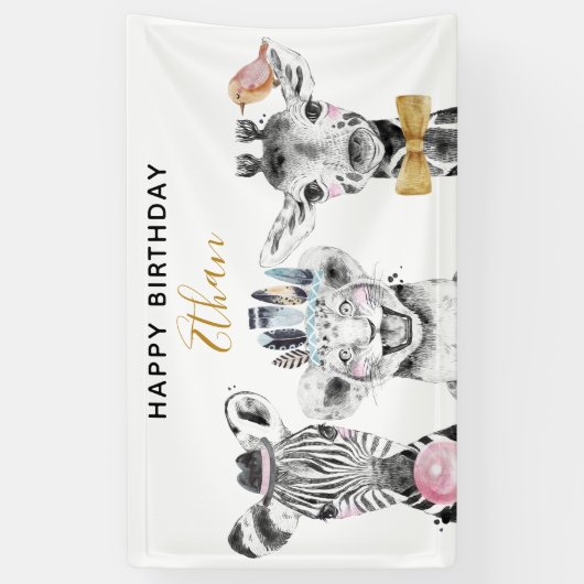 Moderne Zwart & Wit Hand getrokken Safari Verjaard Spandoek (Verticaal)