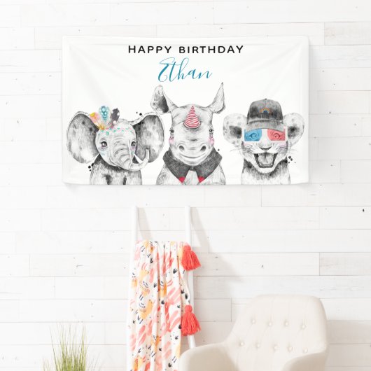 Moderne Zwart & Wit Hand getrokken Safari Verjaard Spandoek (Insitu)