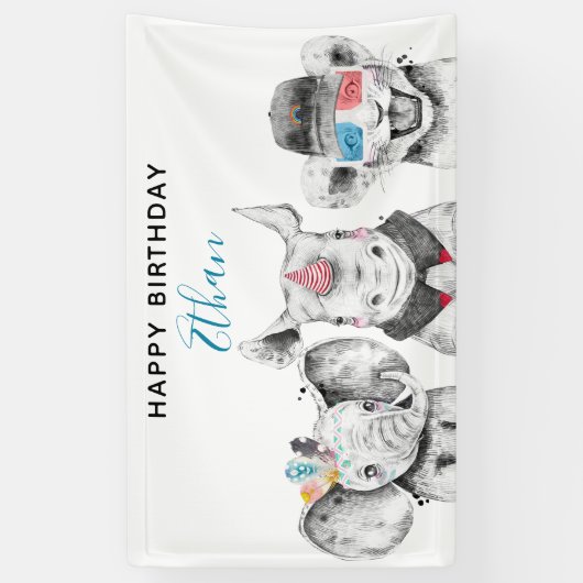 Moderne Zwart & Wit Hand getrokken Safari Verjaard Spandoek (Verticaal)