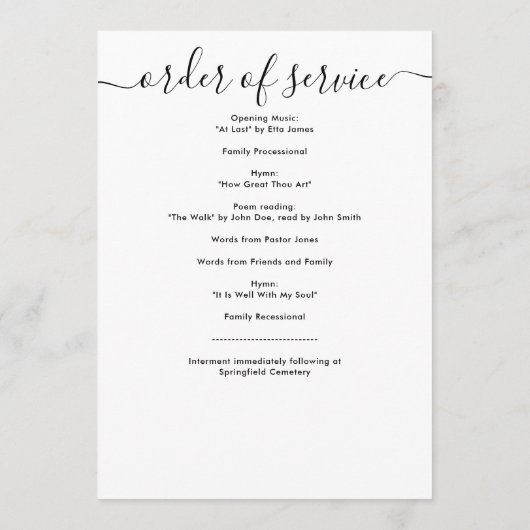 Moderne Zwart & Wit Handgeschreven Script begrafen Programmakaart (Achterkant)