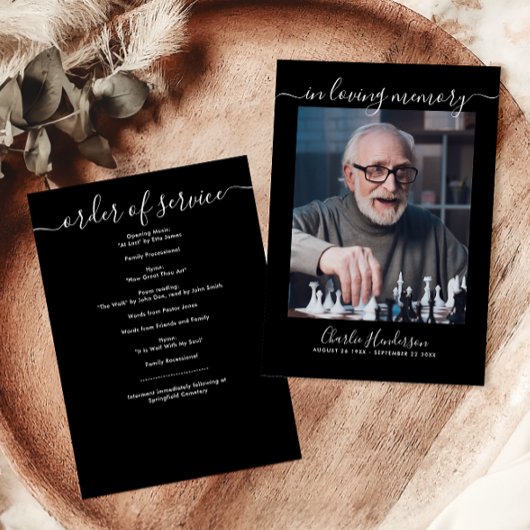 Moderne Zwart & Wit Handgeschreven Script begrafen Programmakaart