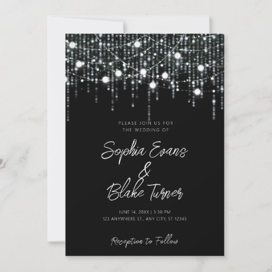 Moderne Zwart-wit Hangende Lichten Bruiloft Kaart (Voorkant)