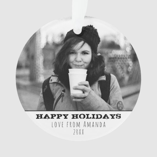 Moderne zwart-wit Happy Holiday Foto Ornament (voorkant)