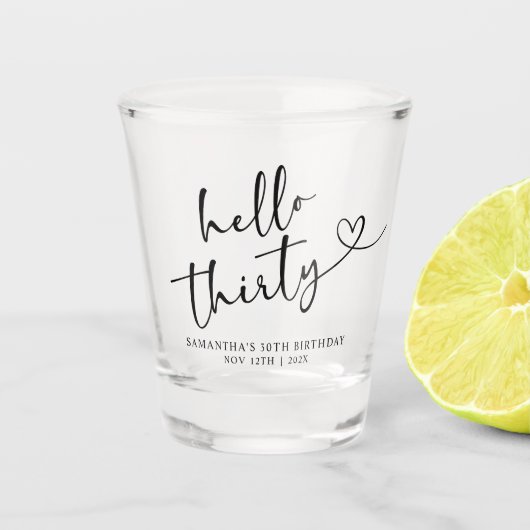 Moderne zwart-wit Hello 30 Verjaardag Shot Glas (Voorkant)