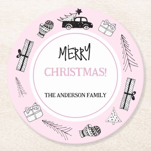 Moderne zwart-wit illustratie op roze ronde kartonnen onderzetter (Voorkant)