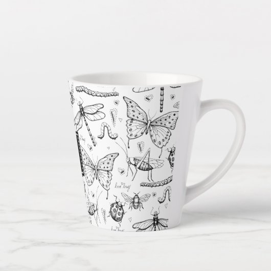 Moderne zwart-wit insectenillustratie monogram latte mok (Rechts)