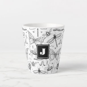 Moderne zwart-wit insectenillustratie monogram latte mok