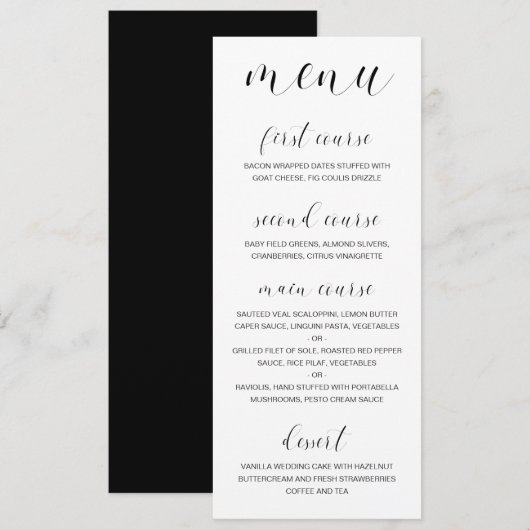 Moderne zwart-wit kalligrafie Elegante bruiloft Menu (Voorkant / Achterkant)