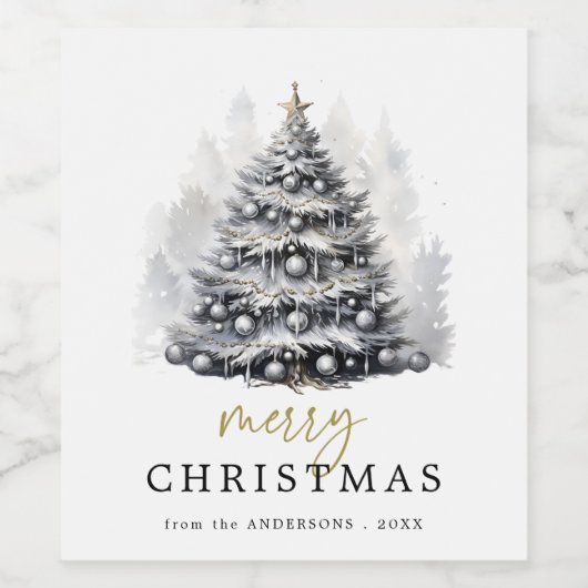 Moderne Zwart & Wit Kerstboompartij Wijn Etiket (Enkel label)