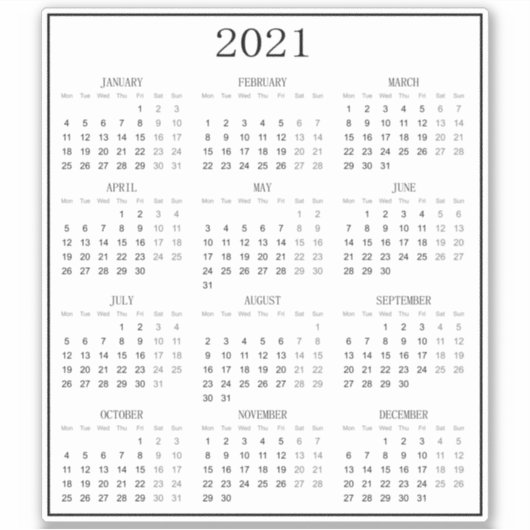 Moderne Zwart-Wit Kleine Mini 2021 Kalender Sticker (Voorkant)