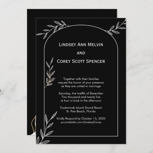 Moderne zwart-wit leaf bruiloft kaart (Voorkant / Achterkant)