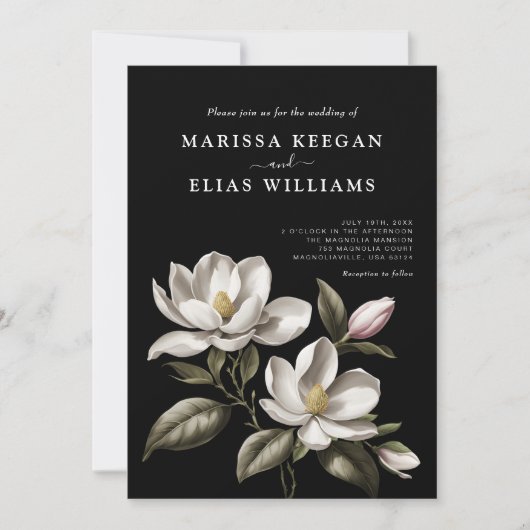 Moderne Zwart-wit Magnolia bruiloft Kaart (Voorkant)