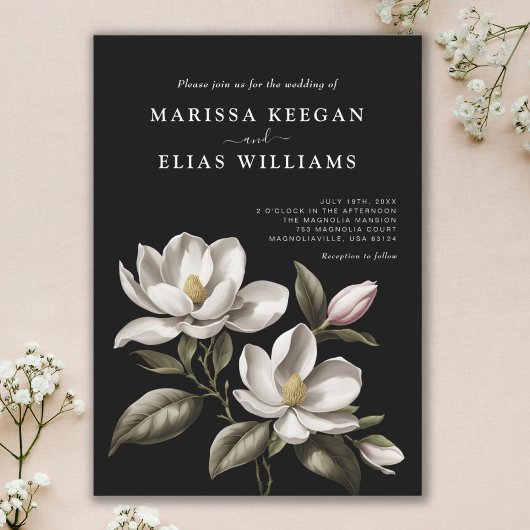 Moderne  Zwart-wit Magnolia bruiloft Kaart