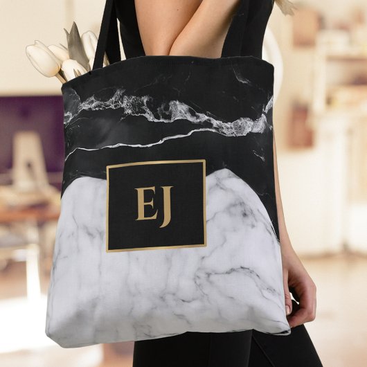 Moderne Zwart Wit Marmeren Textuur Goud Monogramme Tote Bag