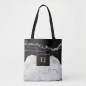 Moderne Zwart Wit Marmeren Textuur Goud Monogramme Tote Bag (Voorkant)