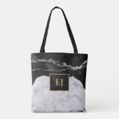 Moderne Zwart Wit Marmeren Textuur Goud Monogramme Tote Bag (Achterkant)