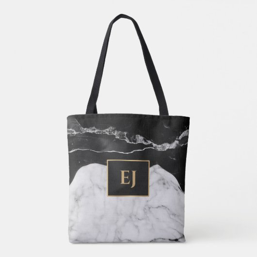Moderne Zwart Wit Marmeren Textuur Goud Monogramme Tote Bag (Achterkant)