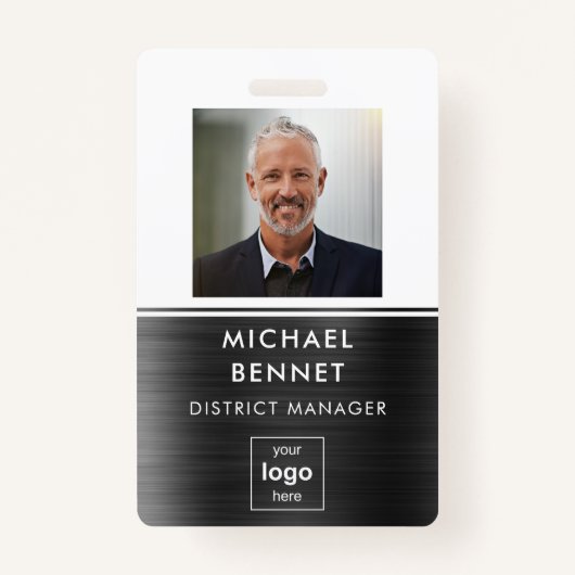 Moderne Zwart Wit Metaal Medewerker Foto ID Badge (Voorkant)