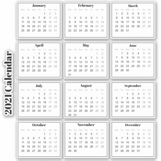 Moderne zwart-wit Mini 2021 Planner Kalender Sticker (Voorkant)