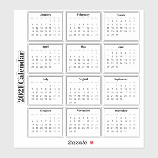 Moderne zwart-wit Mini 2021 Planner Kalender Sticker (Vel)