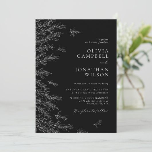 Moderne zwart-wit minimale bladeren bruiloft kaart (Staand voorkant)