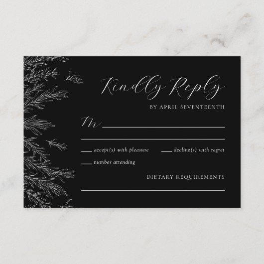 Moderne zwart-wit minimale bladeren bruiloft RSVP kaartje (Voorkant)