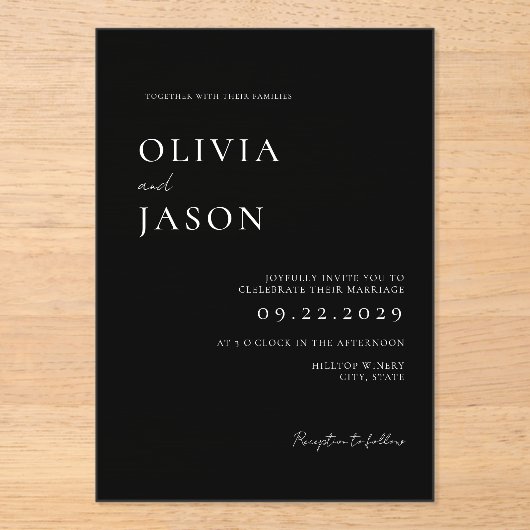 Moderne zwart-wit minimale bruiloft acryl uitnodigingen (Voorkant)