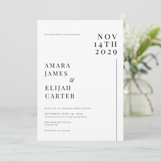 Moderne zwart-wit minimale bruiloft kaart (Staand voorkant)