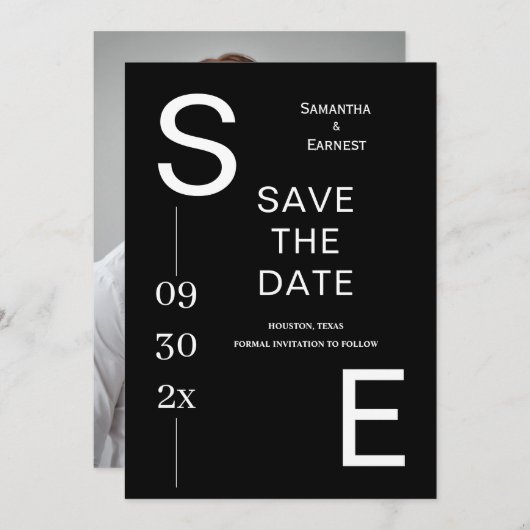 Moderne zwart-wit minimale monogram bruiloft save the date (Voorkant / Achterkant)