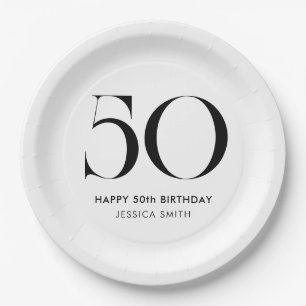 Moderne zwart-wit minimalistische 50ste verjaardag papieren bordje