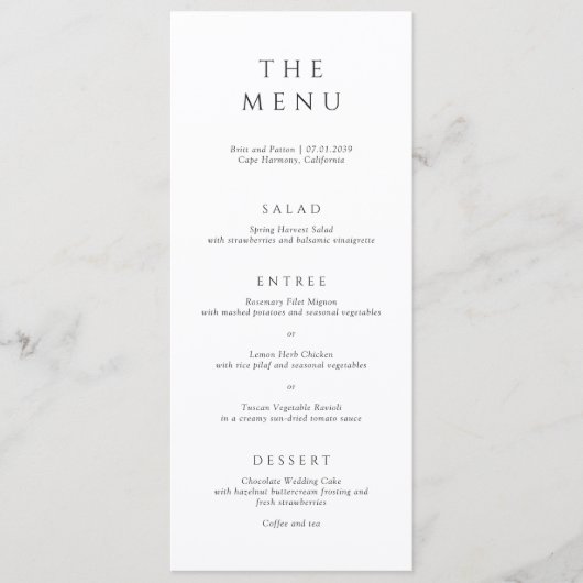 Moderne zwart-wit minimalistische bruiloft menu (Voorkant)