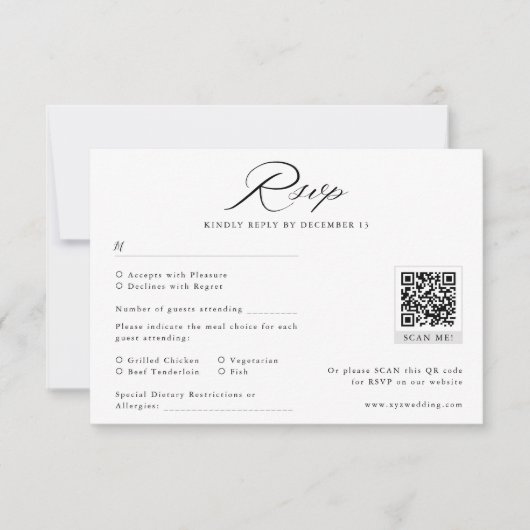 Moderne zwart-wit minimalistische bruiloft QR-code RSVP Kaartje (Voorkant)