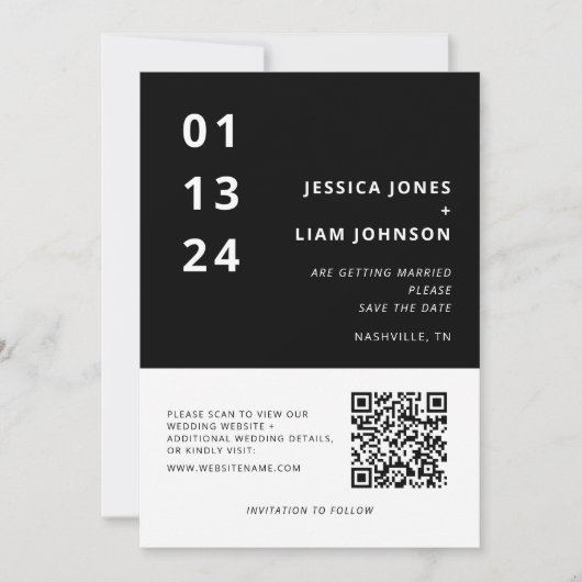 Moderne zwart-wit minimalistische bruiloft QR-code Save The Date (Voorkant)