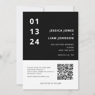 Moderne zwart-wit minimalistische bruiloft QR-code Save The Date
