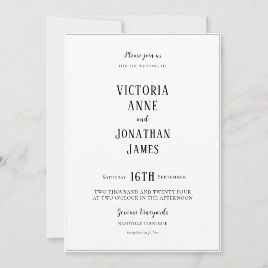 Moderne zwart-wit minimalistische bruiloft uitnodi kaart (Voorkant)