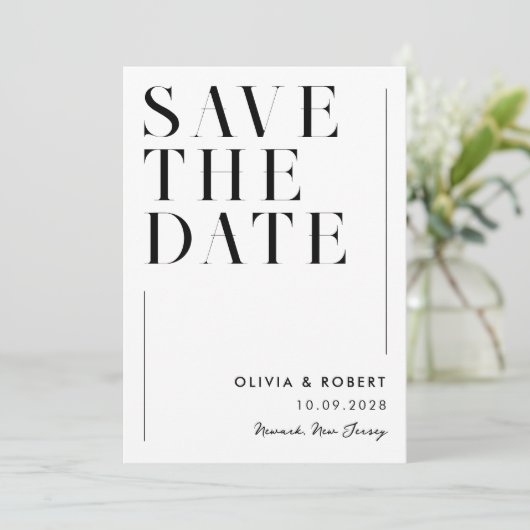 Moderne zwart-wit minimalistische chique bruiloft save the date (Staand voorkant)