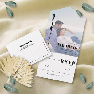 Moderne zwart-wit minimalistische foto bruiloft all in one uitnodiging