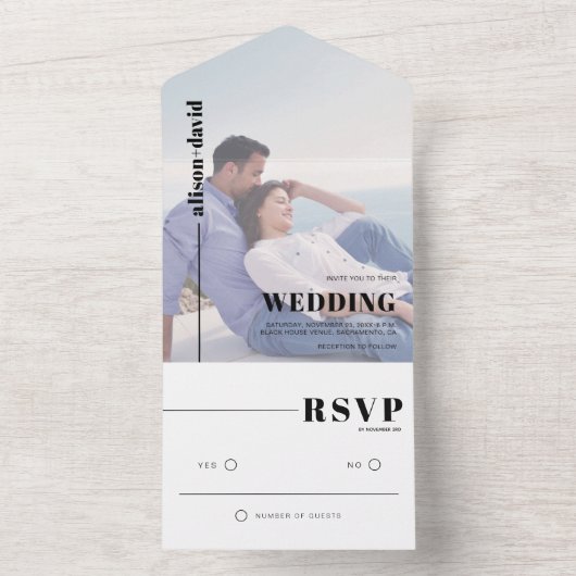 Moderne zwart-wit minimalistische foto bruiloft all in one uitnodiging (Binnen)