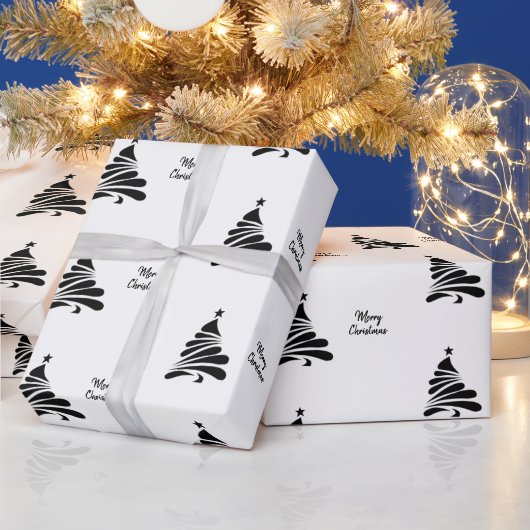 Moderne zwart-wit minimalistische kerstboom cadeaupapier (Feestdagen)