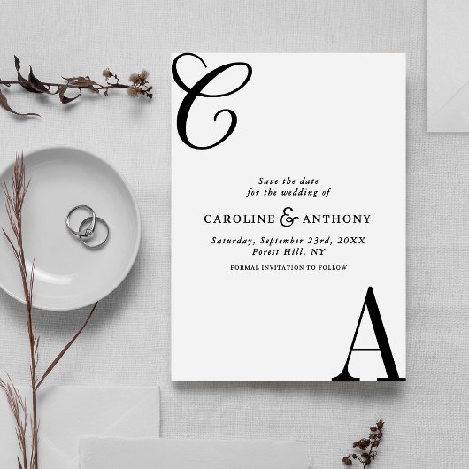 Moderne Zwart-Wit Minimalistische Monogram Trouw Save The Date