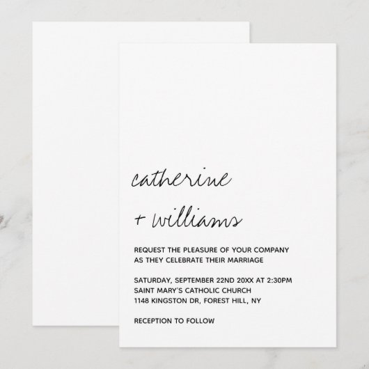 Moderne Zwart & Wit Minimalistische Script Bruilof Kaart (Voorkant / Achterkant)
