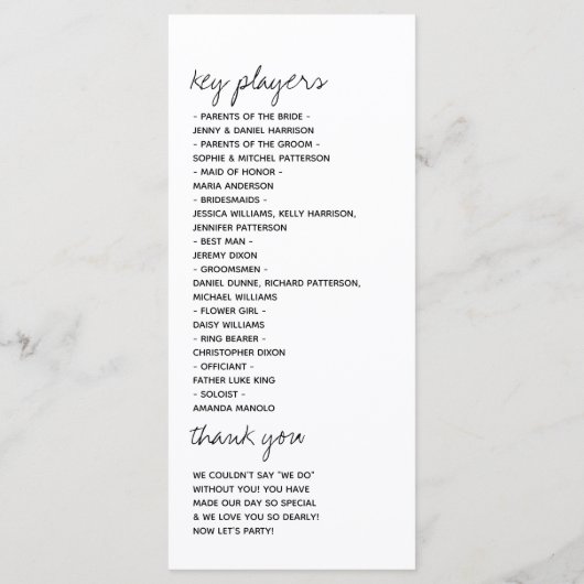 Moderne Zwart & Wit Minimalistische Script Bruilof Programmakaart (Achterkant)
