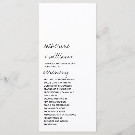 Moderne Zwart & Wit Minimalistische Script Bruilof Programmakaart (Voorkant)