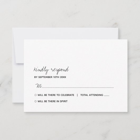 Moderne Zwart & Wit Minimalistische Script Bruilof RSVP Kaartje (Voorkant)