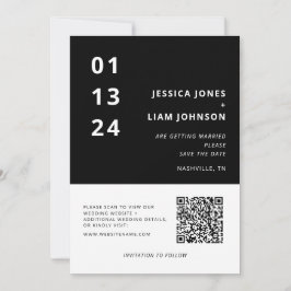 Moderne zwart-wit minimalistische trouw-QR-code Save The Date